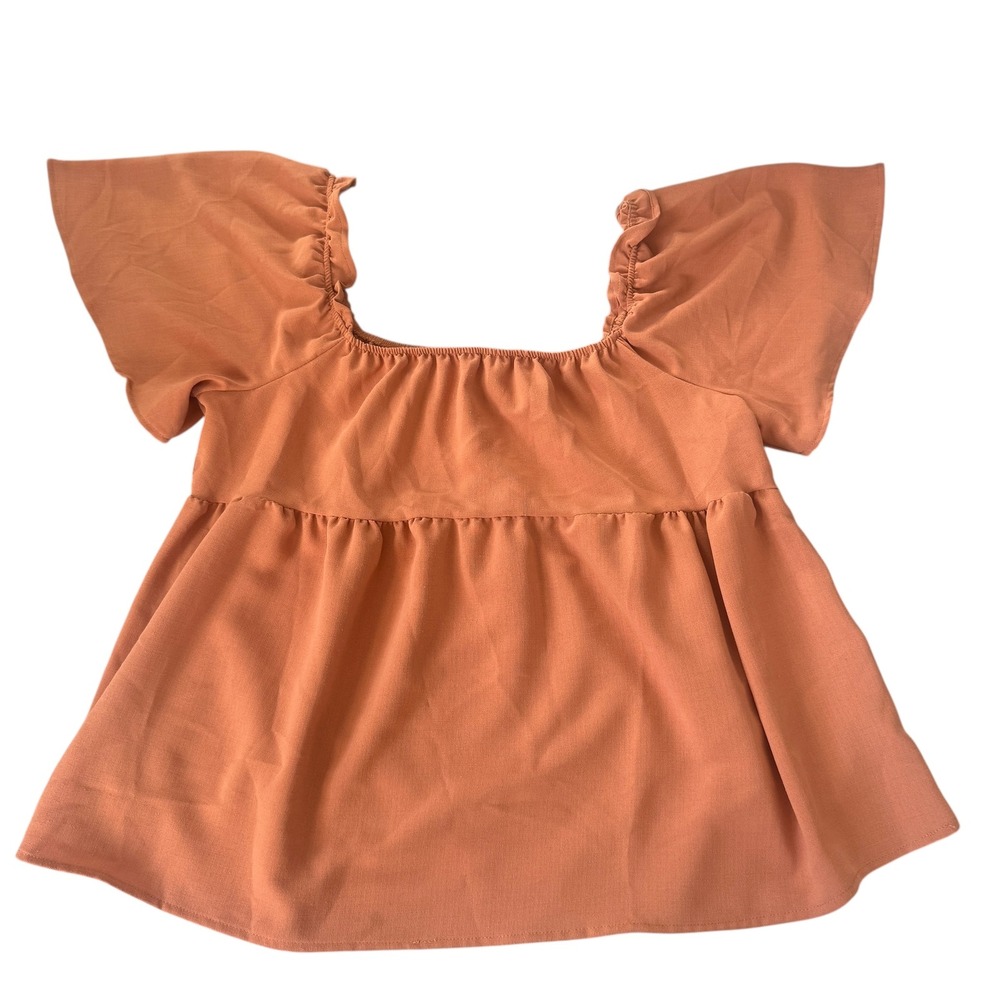 Ces Femme Linen Blend Ruffle Milkmaid Peplum Top Rust‎ Orange Square Neck M USA